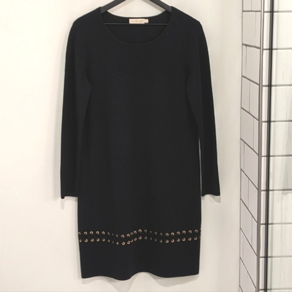 Tory Burch Navy Blue Harley Merino Wool Blend Long Sleeve Grommet Sweater